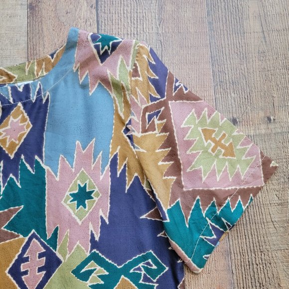 Aztec Print 100% Silk Short Sleeve Blouse - Picture 5 of 12
